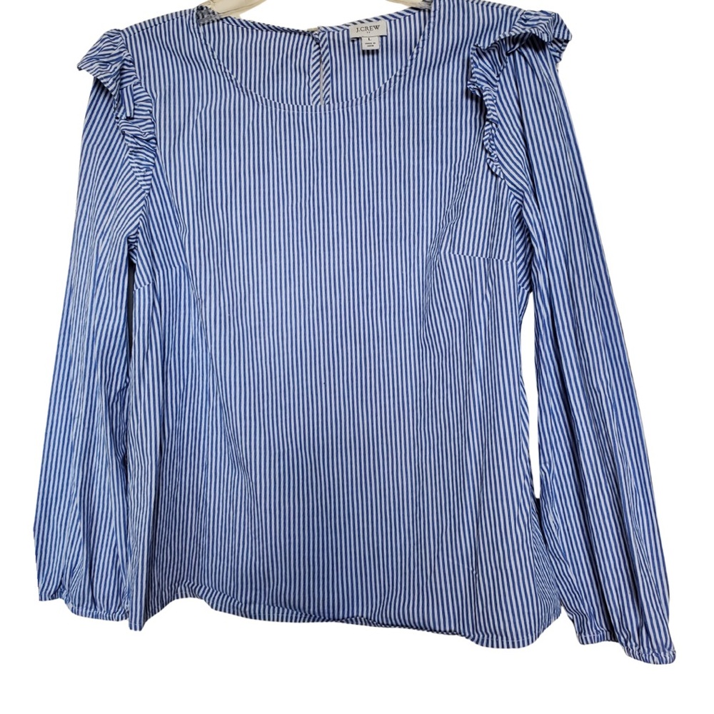 J. Crew Cotton Pinstripe Ruffle Shoulder Long Sleeve Blouse
